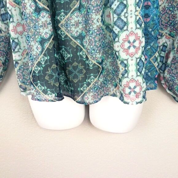 LIBBY EDELMAN Women's boho multi print long-sleeve cold shoulder semi-sheer top - Picture 6 of 10